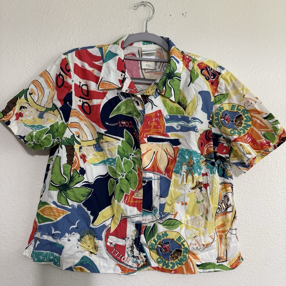 Vintage Jantzen Top Womens Petite M Oasis All Over Art Wear Travel‎ Hawaiian 80s